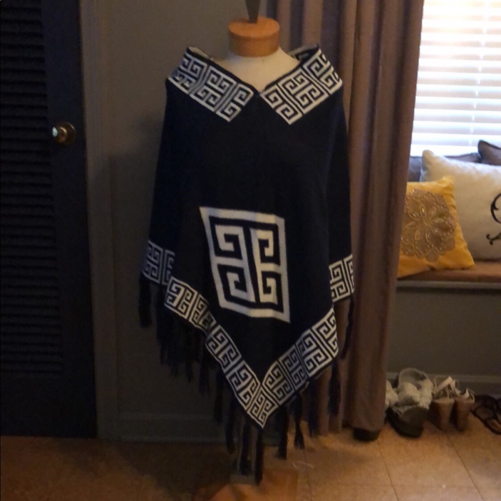 Navy Greek key Poncho sweater